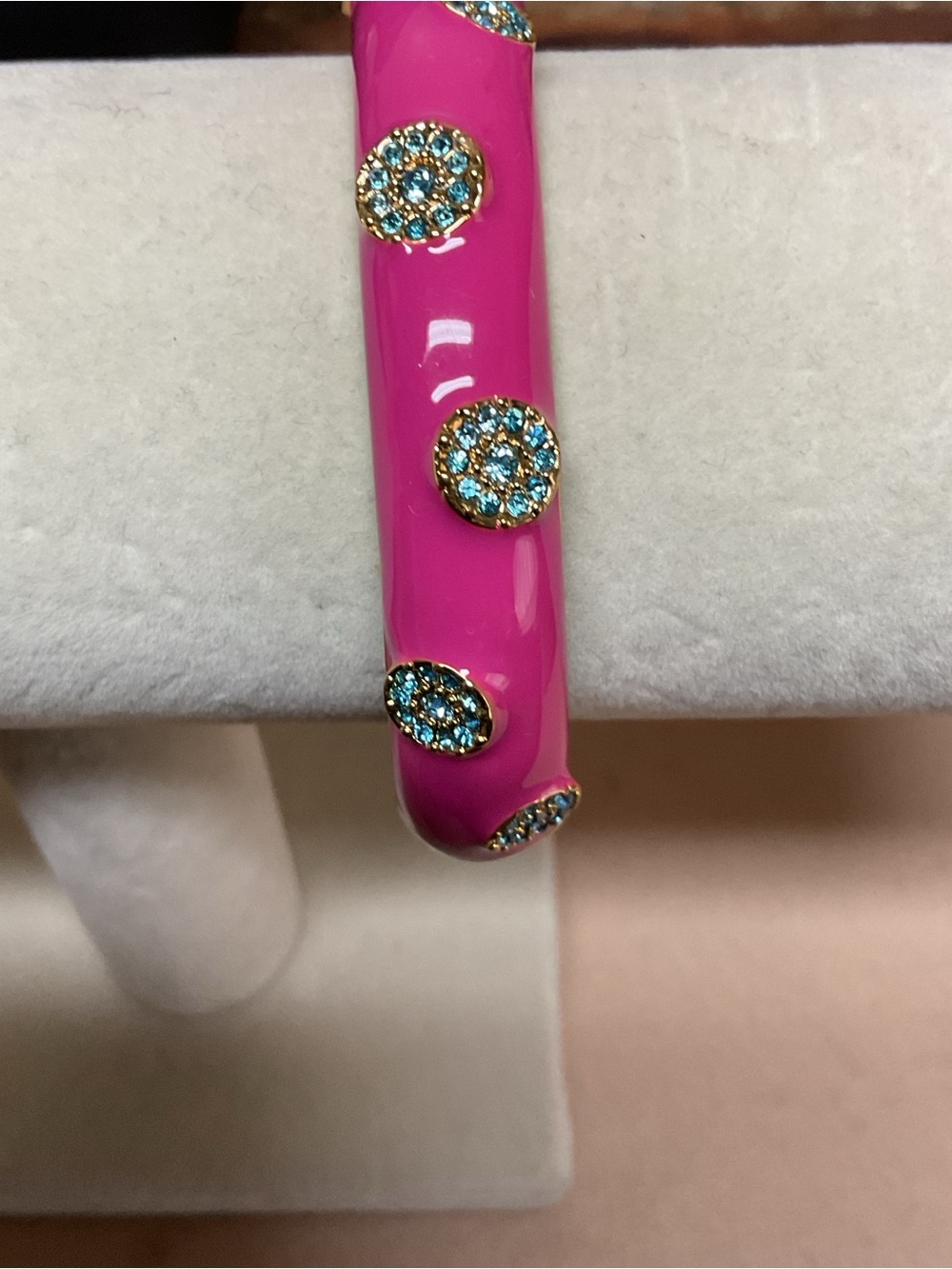 Pink Enamel Gold-Tone Bangle with Blue Crystal Accents - Picture 3 of 5